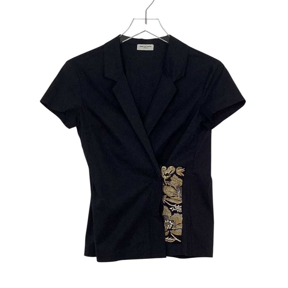 DRIES VAN NOTEN Black Wrap Blouse Gold Embroidered Pocket Kimono Style Size M